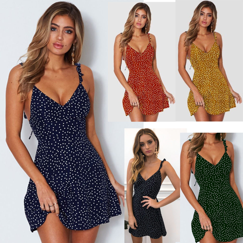 Polka-dot Strappy Dress Women Summer Fashion Beach Sundress - Product upscale 