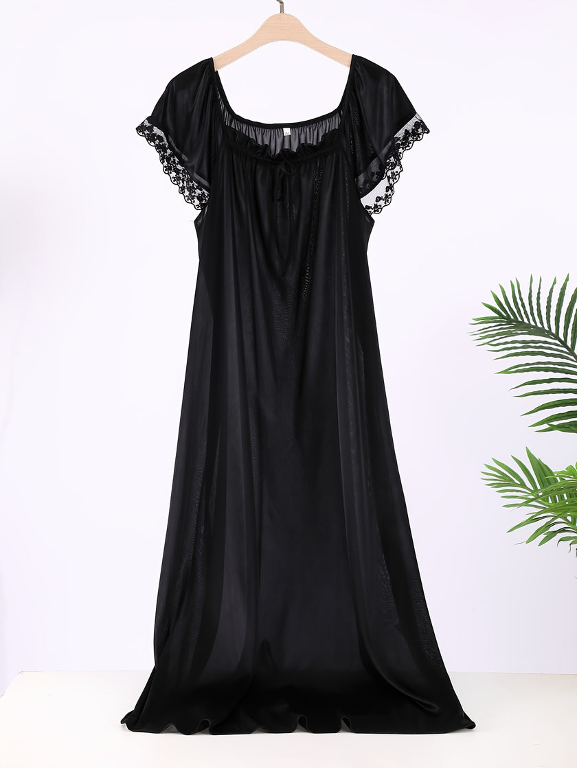 2 Pack Plus Size Sexy Nightdress Set, Women's Plus Contrast Lace Short Sleeve Square Neck Tie Front Lettuce Trim Sleep Dress 2 Piece Set