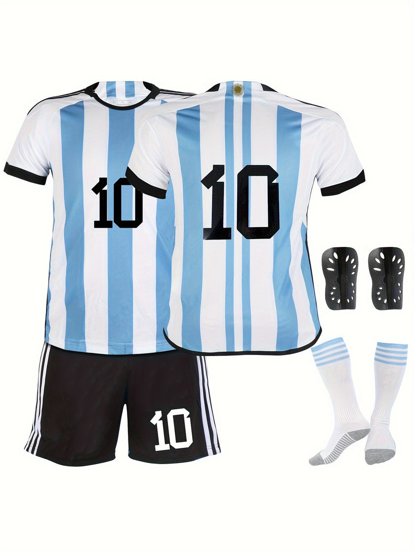 4pcs Argentina Striped Soccer Jersey for Kids, No. 10 Football Jersey Set, Jersey & Shorts & Socks & Knee Pads, Kid's Clothes