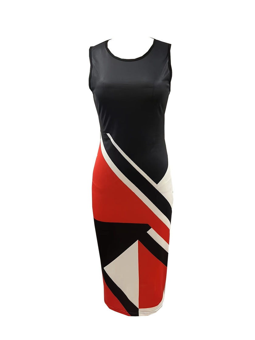 Geo Print Crew Neck Dress, Elegant Sleeveless Bodycon Tank Dress, Women's Clothing