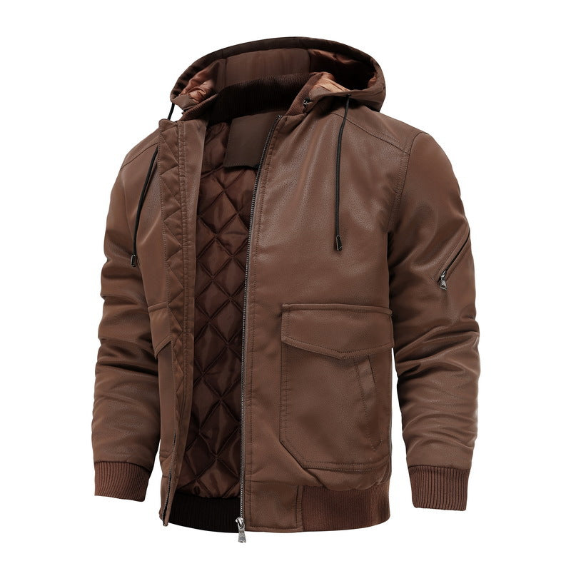 Men's Leather Jacket Men Motorcycle Removable Hood - Product upscale 