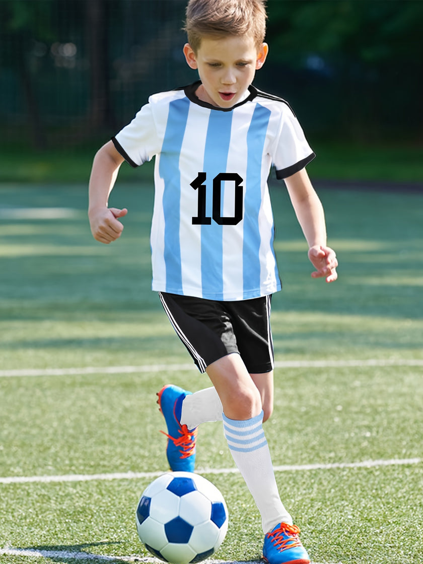 4pcs Argentina Striped Soccer Jersey for Kids, No. 10 Football Jersey Set, Jersey & Shorts & Socks & Knee Pads, Kid's Clothes