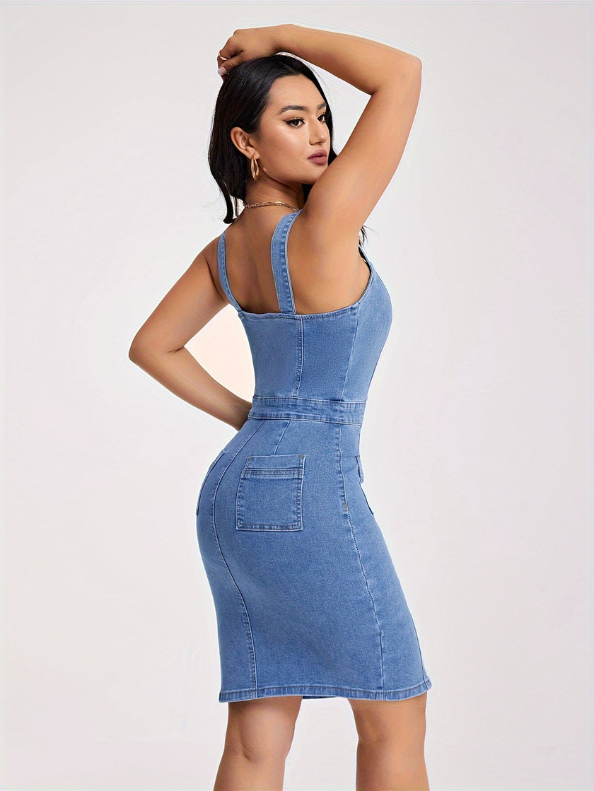 Half-button Split Front Denim Dress, Wide Strap Patched Pocket Sexy Slim Fitted Denim Dress, Women's Denim Clothing