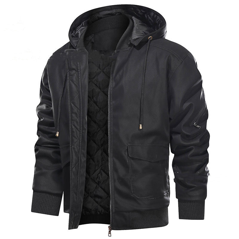 Men's Leather Jacket Men Motorcycle Removable Hood - Product upscale 