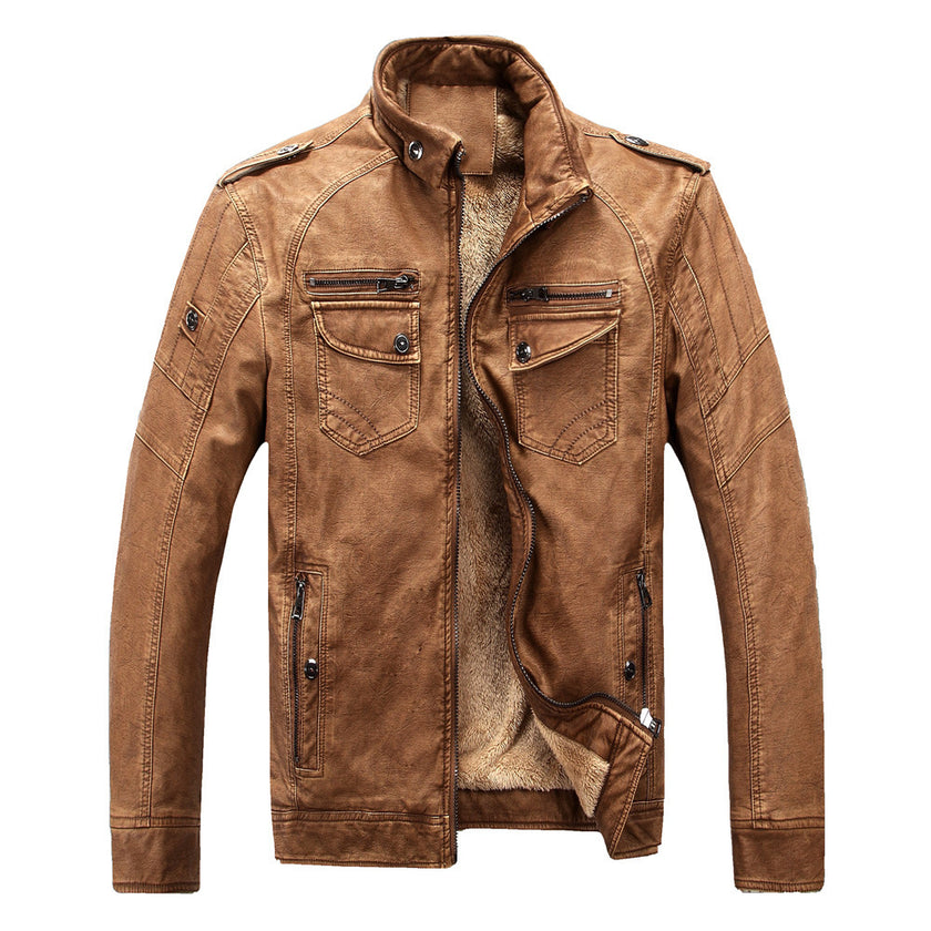 Men's Leather Jacket Plus Velvet Washed Retro Jacket - Product upscale 
