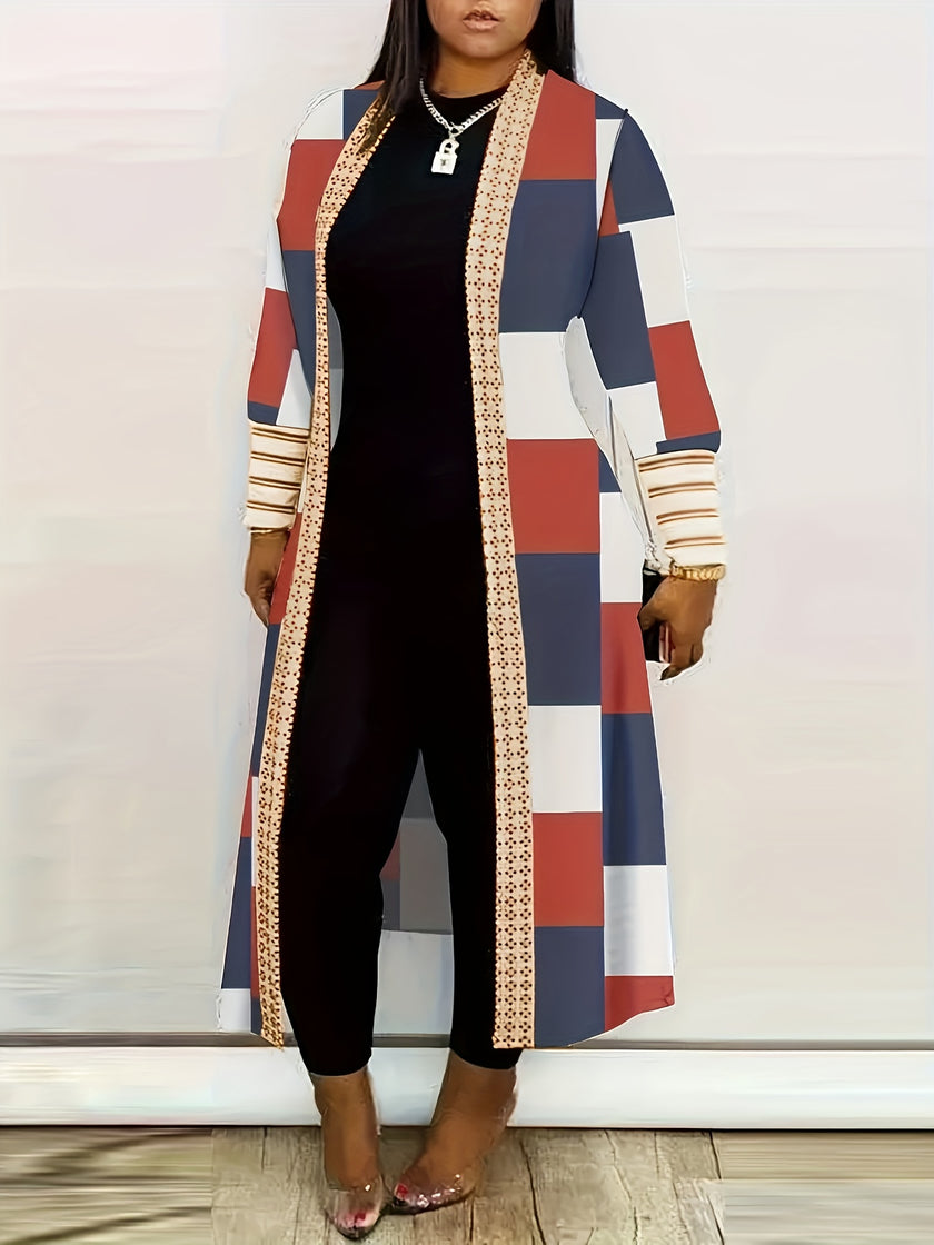 Geometric Print Cardigan, Casual Long Sleeve Open Front Long Cardigan, Women's Clothing