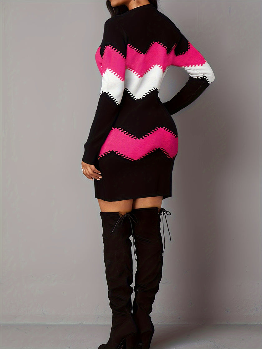 Plus Size Casual Dress, Women's Plus Colorblock Stripe Print Long Sleeve Round Neck Dress