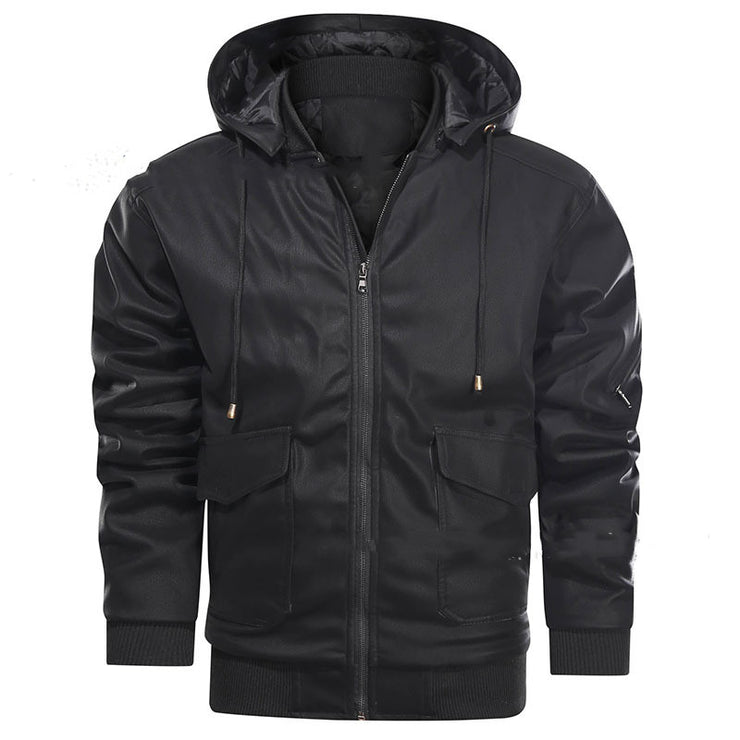 Men's Leather Jacket Men Motorcycle Removable Hood - Product upscale 