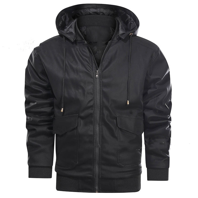 Men's Leather Jacket Men Motorcycle Removable Hood - Product upscale 