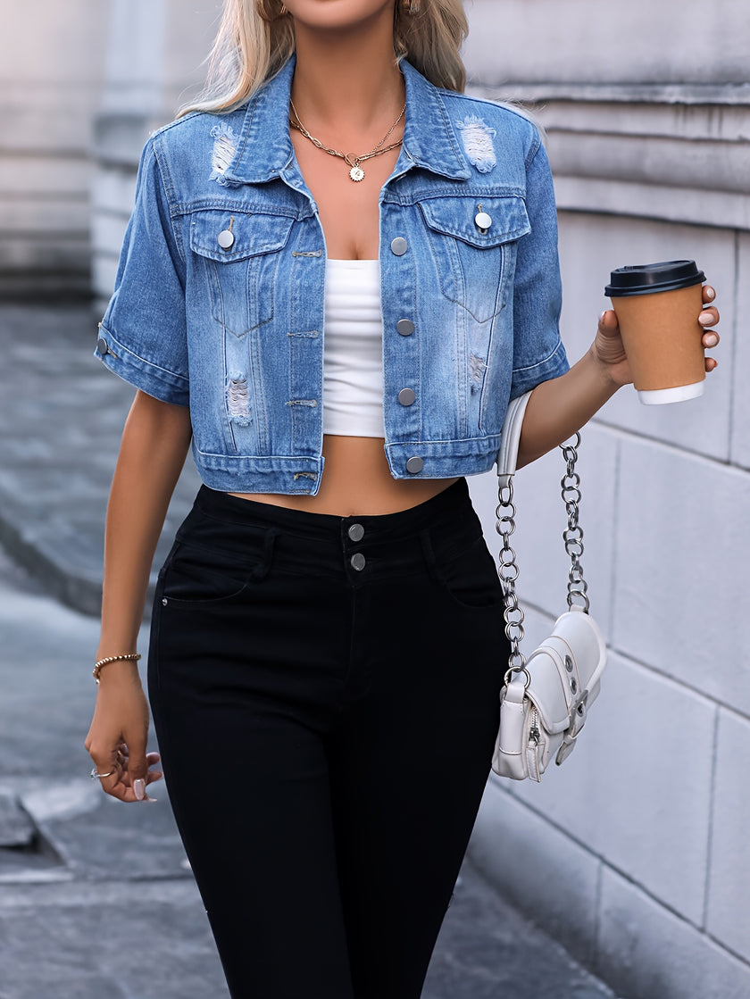 Blue Ripped Holes Lapel Denim Top, Short Sleeves Single Breasted Button Crop Denim Jacket, Women's Denim Clothing