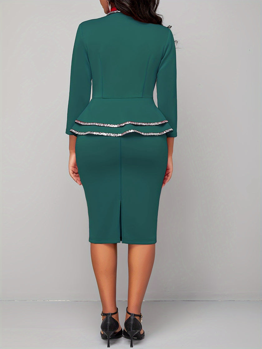 Solid Elegant Two-piece Set, Ruffle Hem 3/4 Sleeve Tops & Bag Hip Midi Skirts Outfits, Women's Clothing