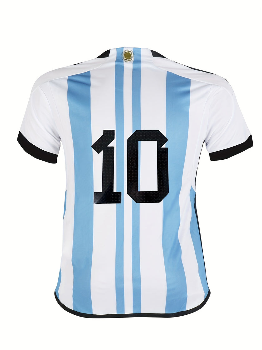 4pcs Argentina Striped Soccer Jersey for Kids, No. 10 Football Jersey Set, Jersey & Shorts & Socks & Knee Pads, Kid's Clothes