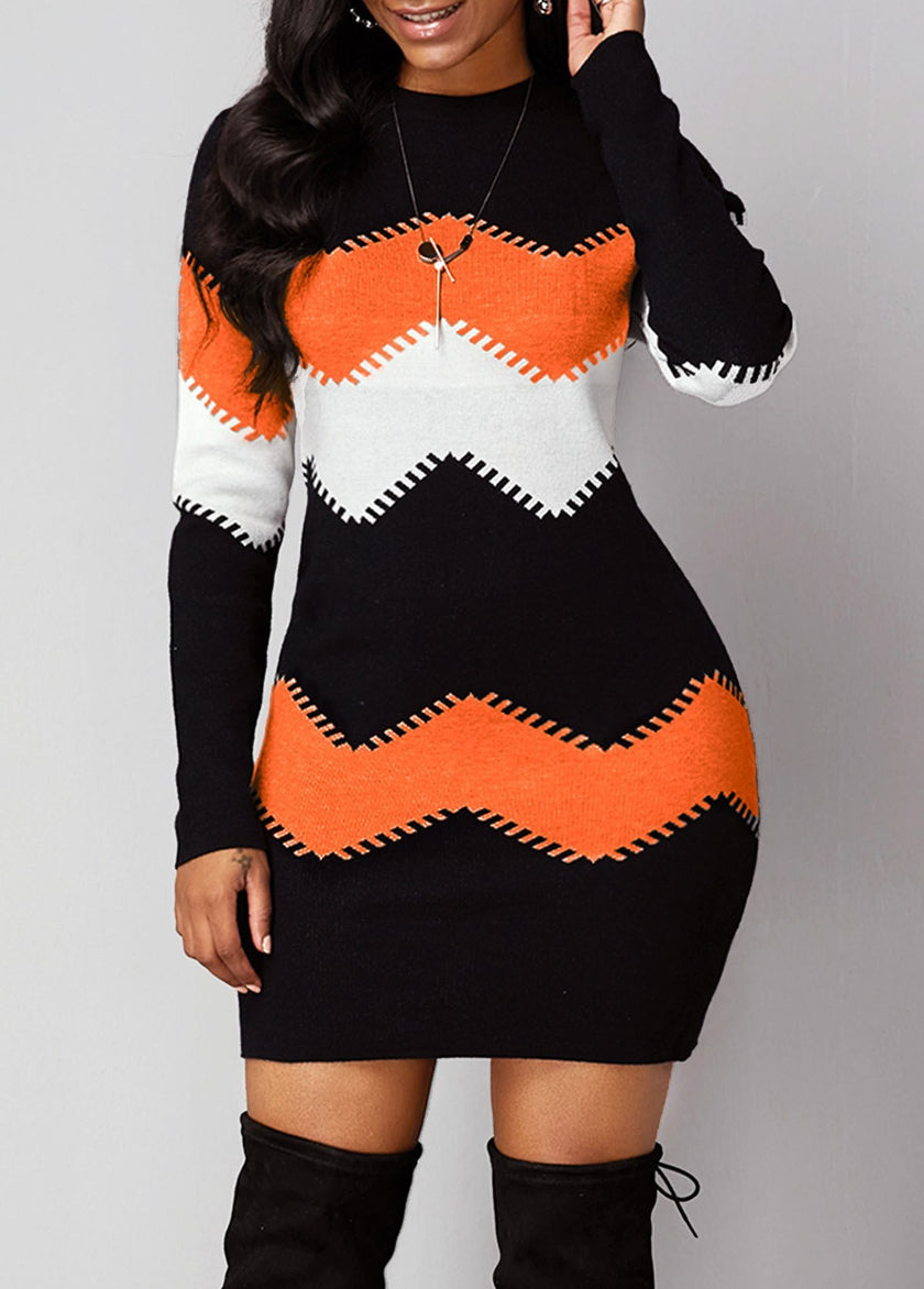 Women's Mid-length Round Neck Long Sleeve Printed Knitted Dress - Product upscale 