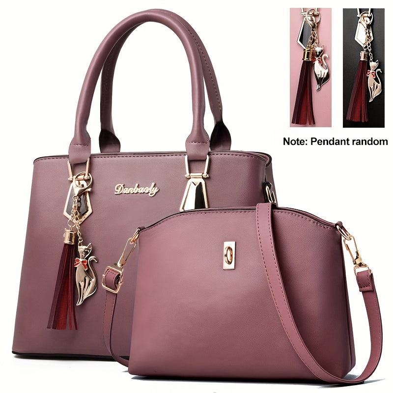 2pcs PU Leather Bag Set, Tassel Decor Handbag & Crossbody Bag, Women's Office & Work Purse