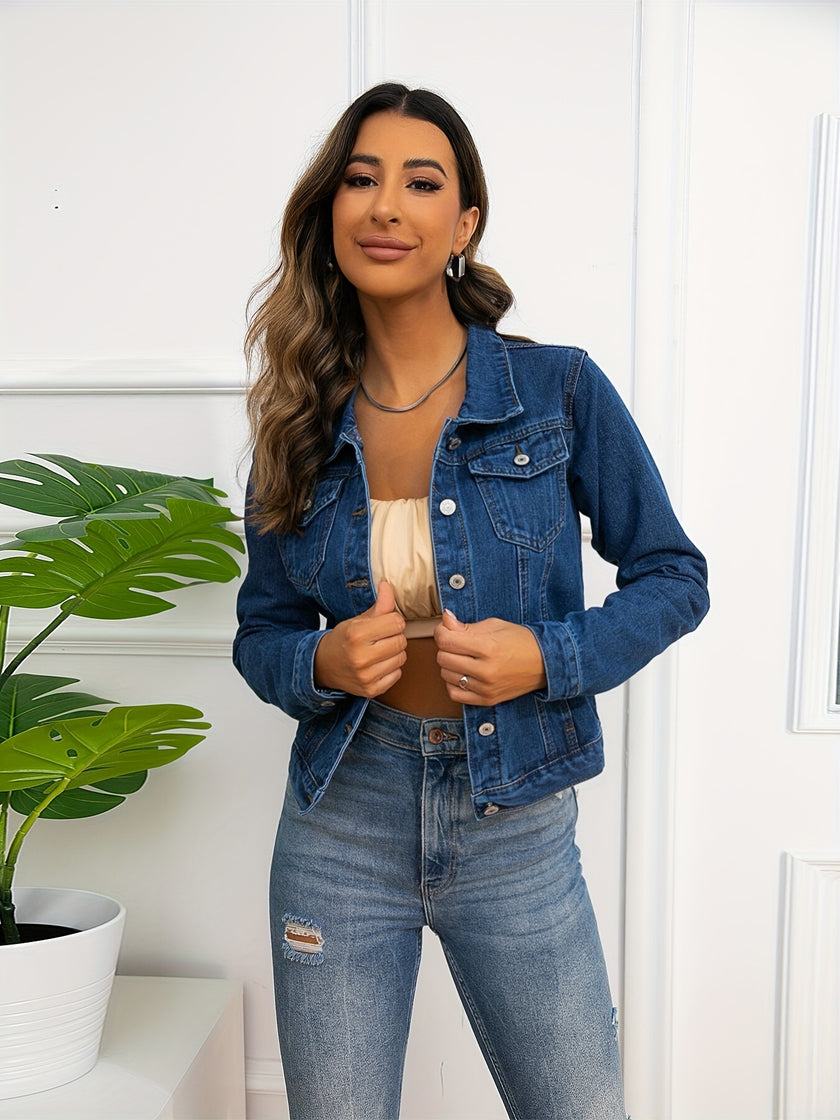 Flap Pocket Single-breasted Trucker Jacket, Long Sleeves Causal Style Blue Denim Coat, Women's Denim Jeans & Clothing