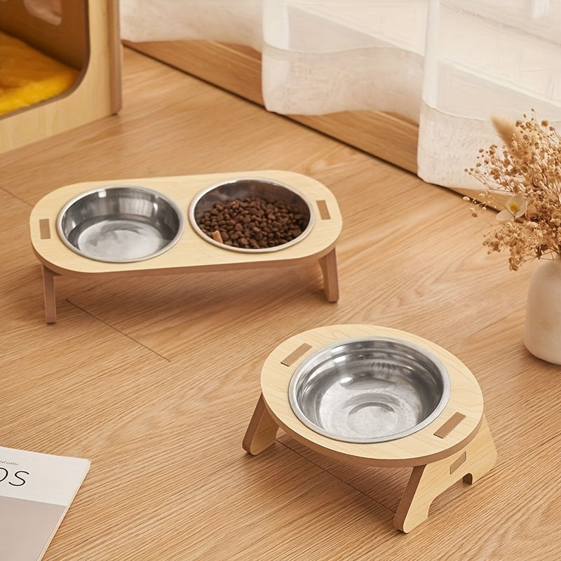 Elevated Cat Inclined Food Bowl Water Bowl With Wooden Stand For Cervical Spine Protection, Detachable Stainless Steel Pet Feeding Basin For Cats