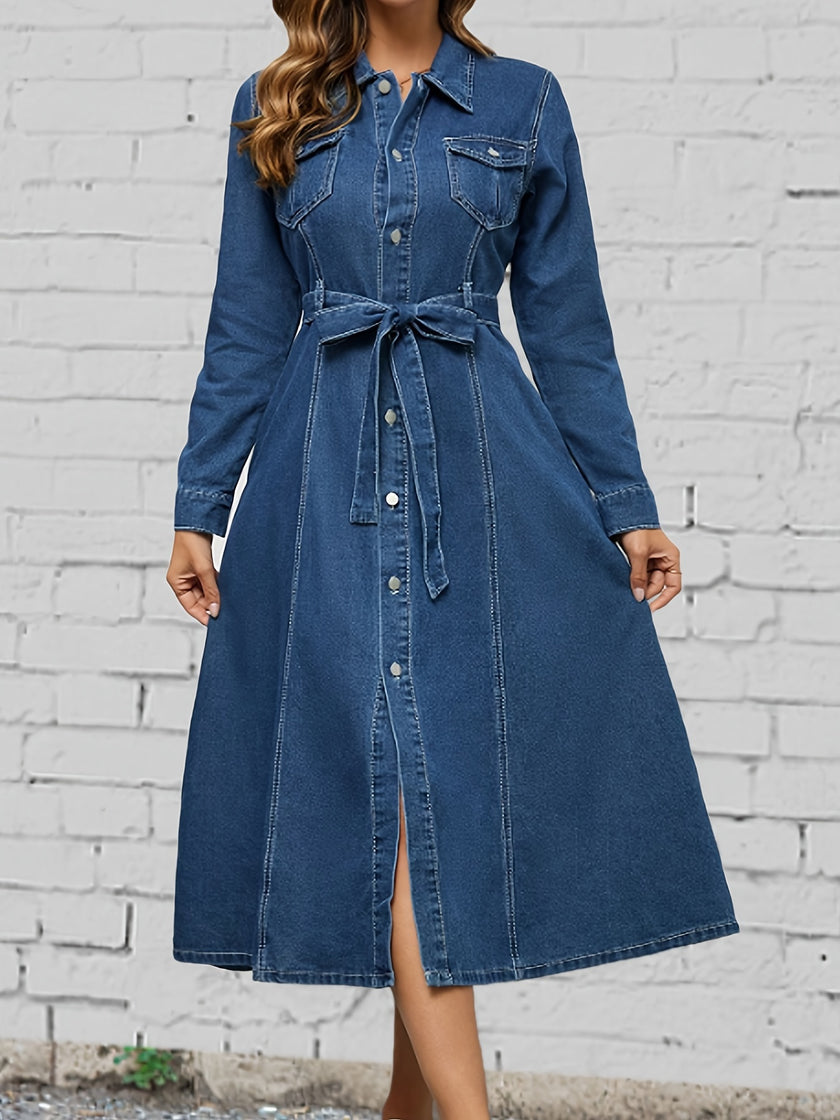 Long Sleeve Tie Belt Lapel Denim Dress, Button Down Breathable Elegant Denim Dress With Flap Pocket, Women's Denim Clothing