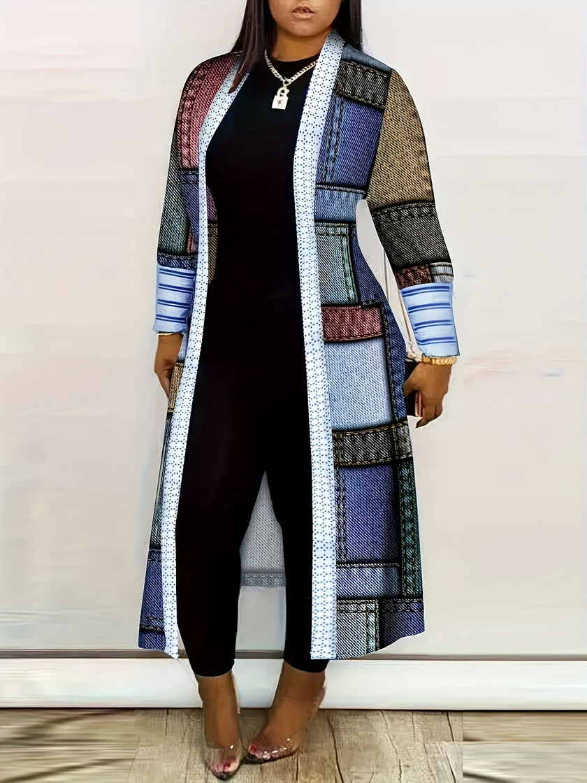 Geometric Print Cardigan, Casual Long Sleeve Open Front Long Cardigan, Women's Clothing