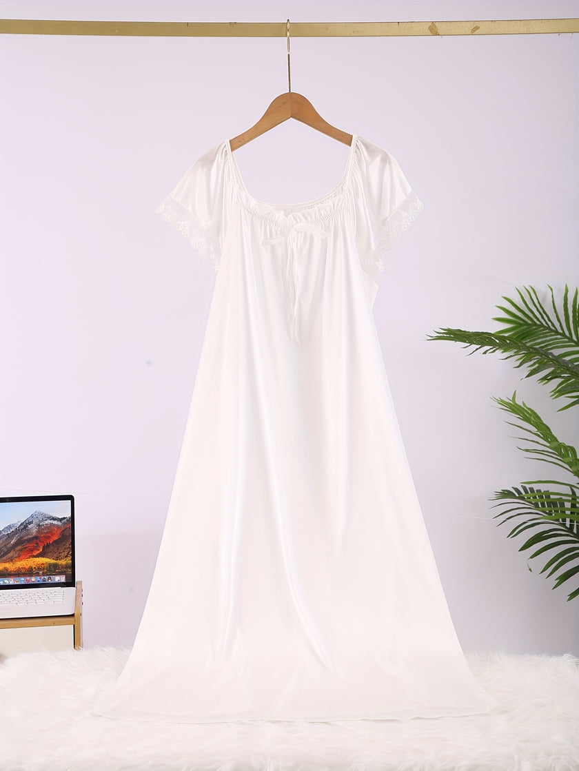 2 Pack Plus Size Sexy Nightdress Set, Women's Plus Contrast Lace Short Sleeve Square Neck Tie Front Lettuce Trim Sleep Dress 2 Piece Set