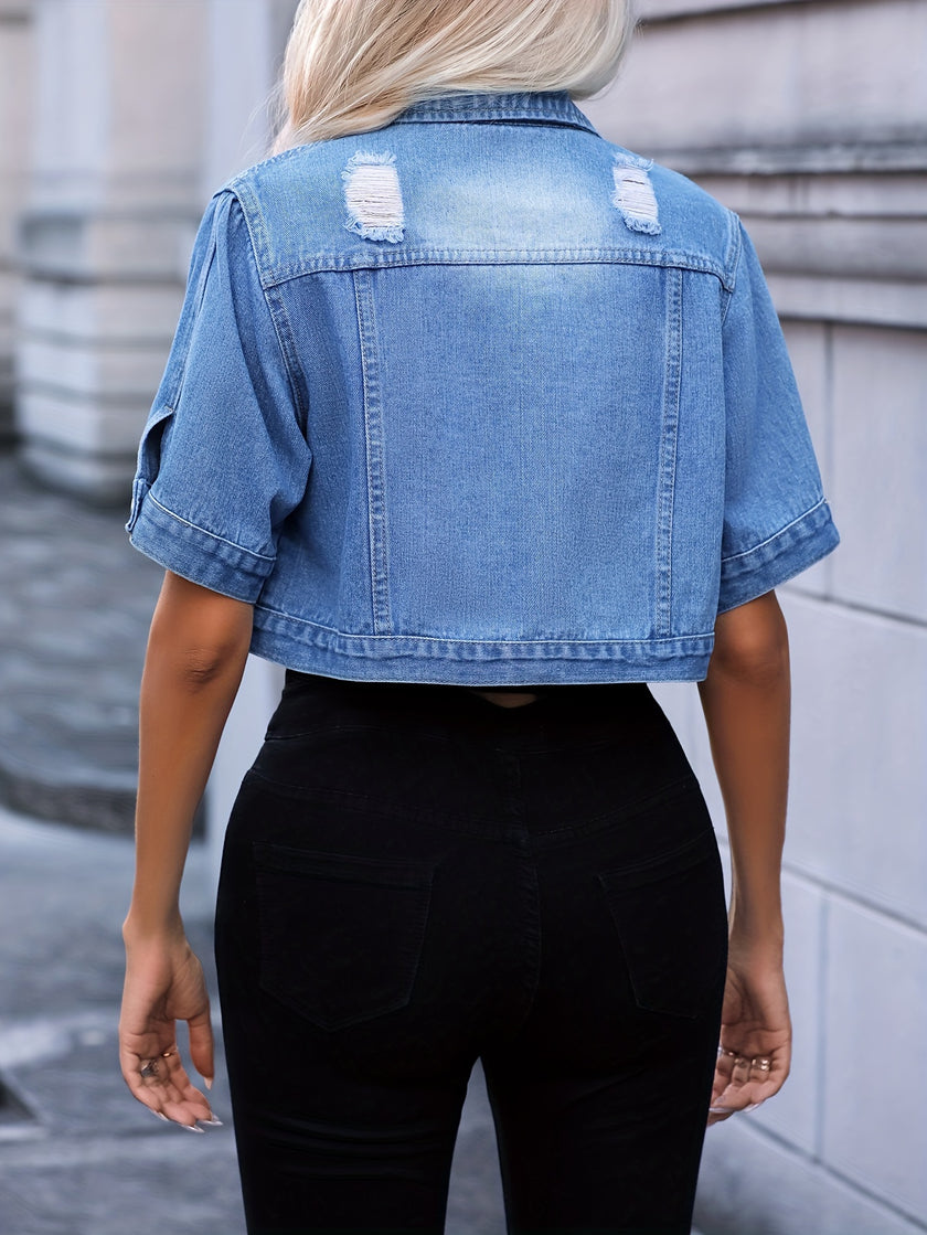 Blue Ripped Holes Lapel Denim Top, Short Sleeves Single Breasted Button Crop Denim Jacket, Women's Denim Clothing
