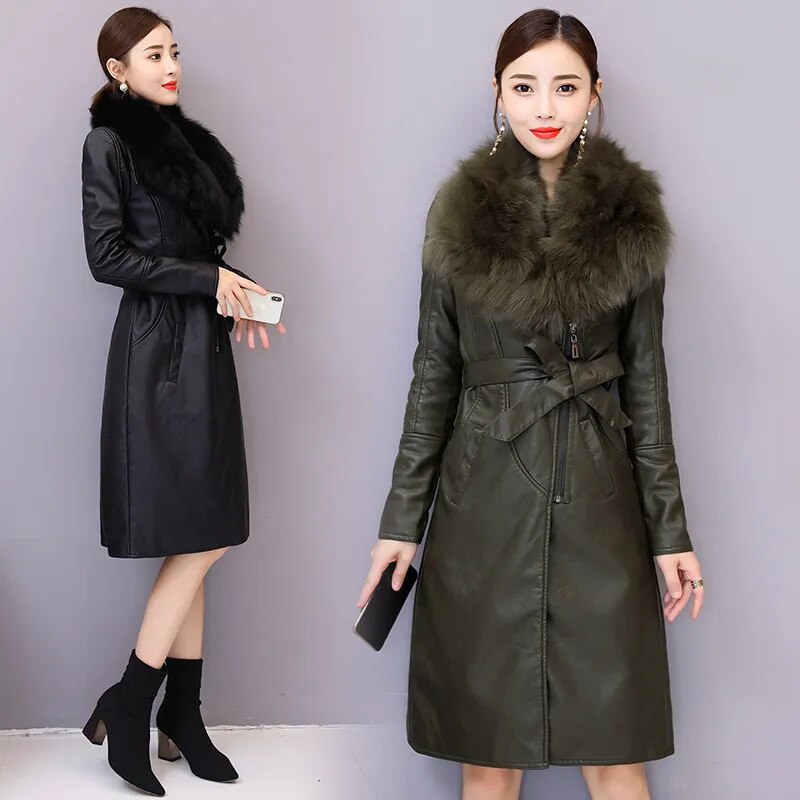 Women Oversized Coat Winter Loose Long PU Sashes Leather Jacket Warm Artificial Fur Collar Manteau Hiver Chaqueta Cuero - Product upscale 