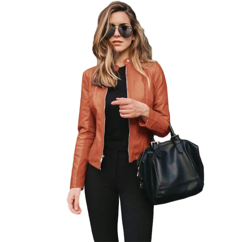 Women's Bike Coat PU Leather Outwear Zipper Outfit Spring Autumn Short Thin Female Jacket