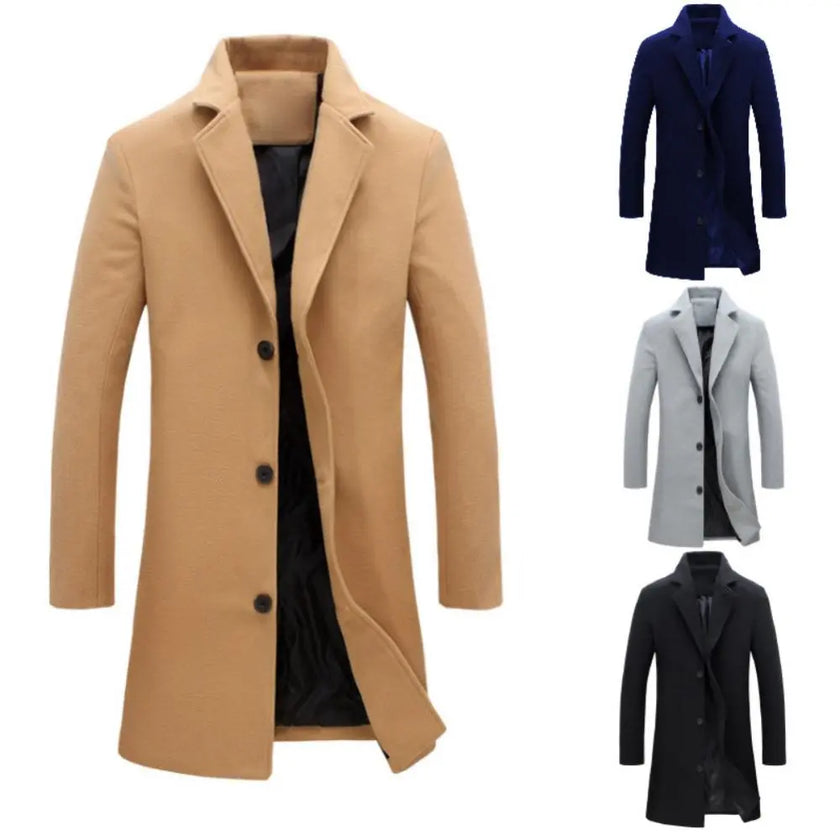 Autumn Winter Solid Slim Long Woolen Coat Men Single Breasted Lapel Jacket Overcoat Thin Business Trench Male Casual 9 Colors