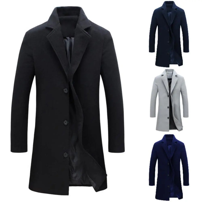 Autumn Winter Solid Slim Long Woolen Coat Men Single Breasted Lapel Jacket Overcoat Thin Business Trench Male Casual 9 Colors