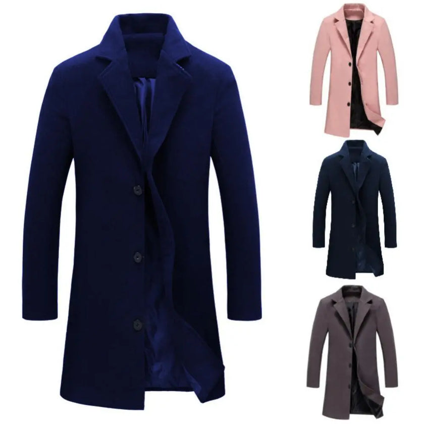 Autumn Winter Solid Slim Long Woolen Coat Men Single Breasted Lapel Jacket Overcoat Thin Business Trench Male Casual 9 Colors
