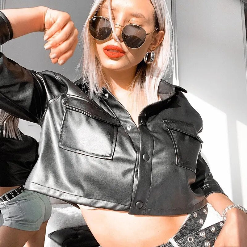 Women Casual Leather Jacket Black Long Sleeve Button Open Front Lapel Coat with Pockets S M L - Product upscale 