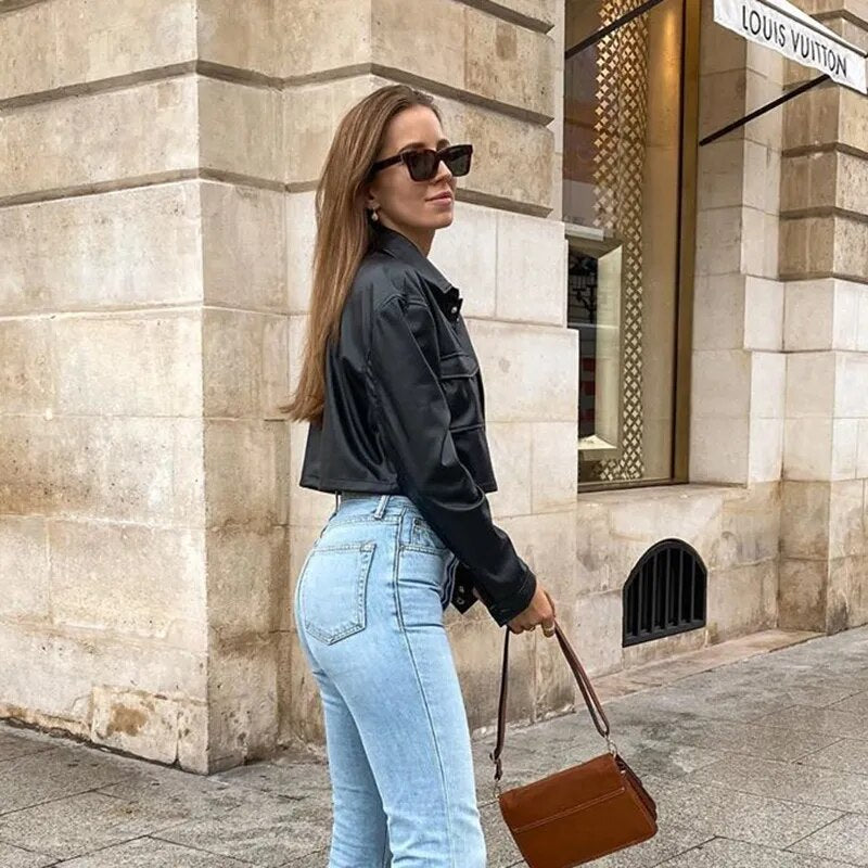 Women Casual Leather Jacket Black Long Sleeve Button Open Front Lapel Coat with Pockets S M L - Product upscale 