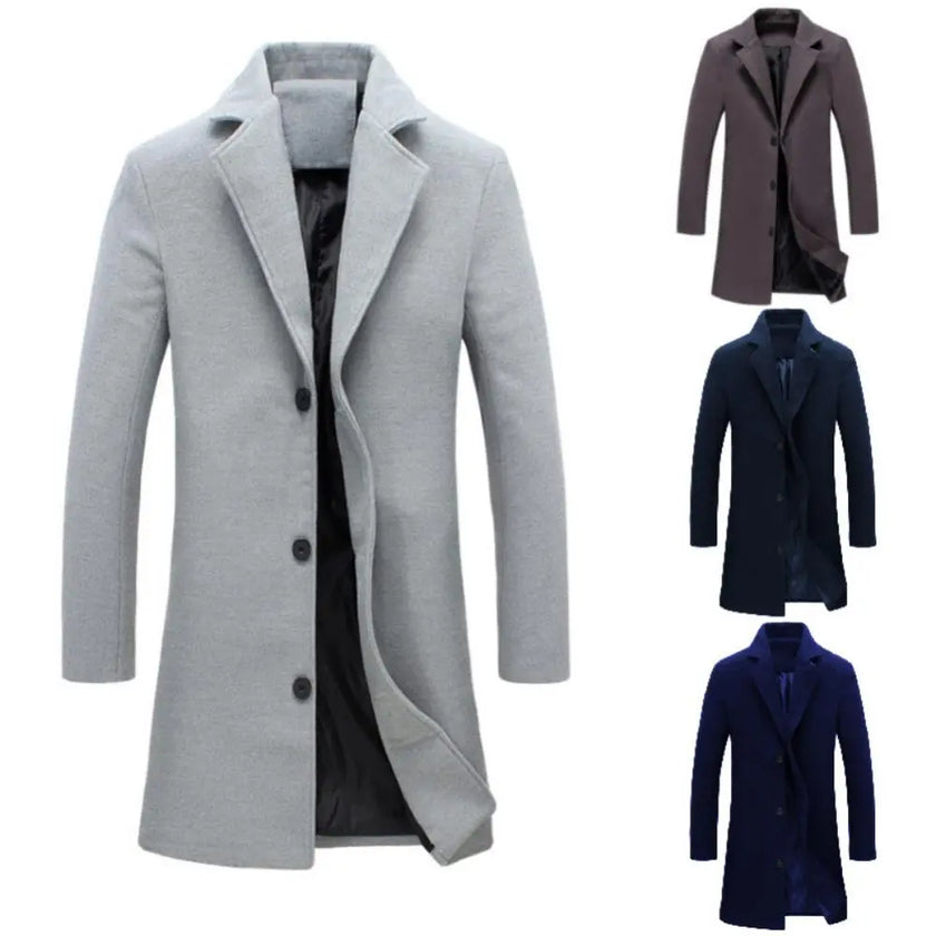 Autumn Winter Solid Slim Long Woolen Coat Men Single Breasted Lapel Jacket Overcoat Thin Business Trench Male Casual 9 Colors