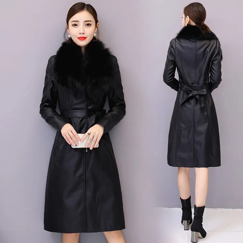Women Oversized Coat Winter Loose Long PU Sashes Leather Jacket Warm Artificial Fur Collar Manteau Hiver Chaqueta Cuero - Product upscale 