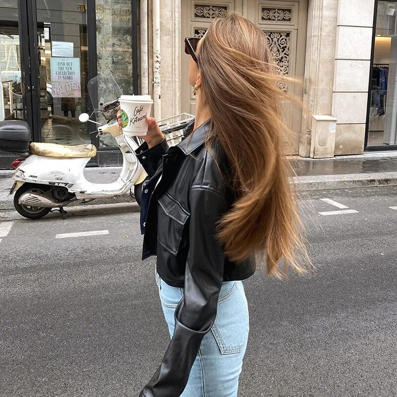 Women Casual Leather Jacket Black Long Sleeve Button Open Front Lapel Coat with Pockets S M L - Product upscale 