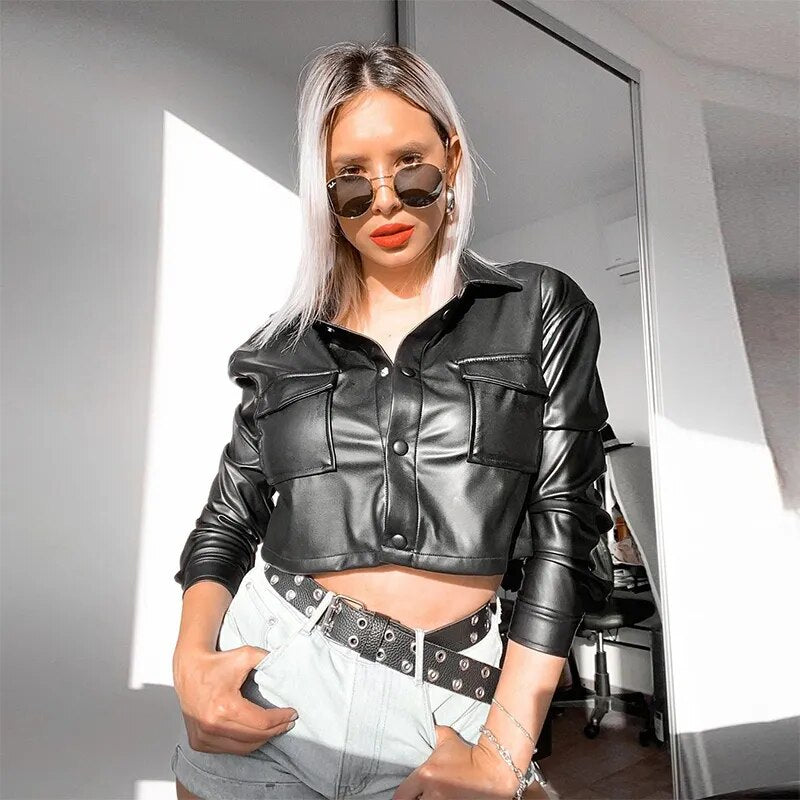 Women Casual Leather Jacket Black Long Sleeve Button Open Front Lapel Coat with Pockets S M L - Product upscale 