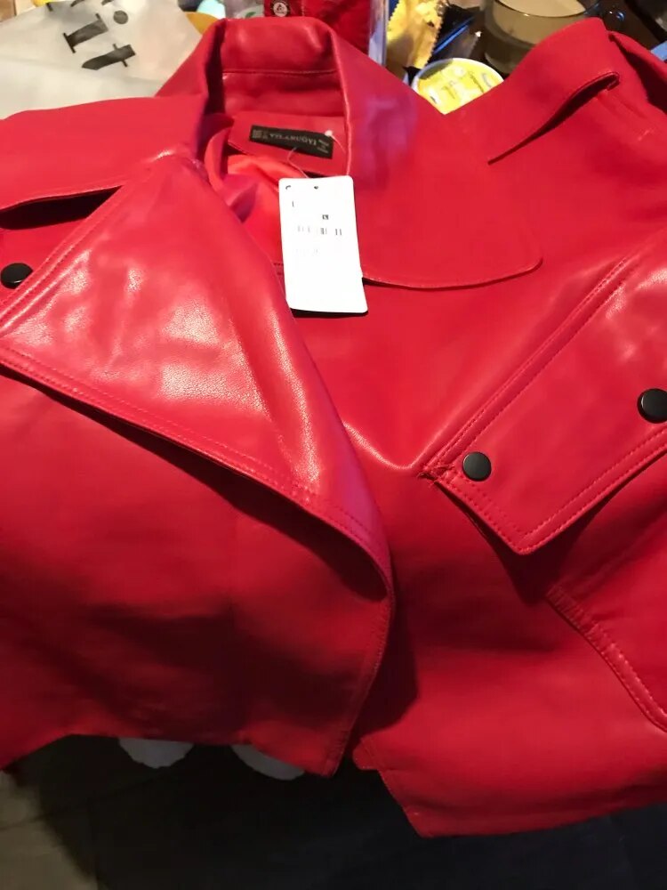 FMFSSOM New Autumn Women Faux Leather Jacket Pu Motorcycle Biker Red Coat Turndown Collar Loose Streetwear Black Punk Outerwear - Product upscale 