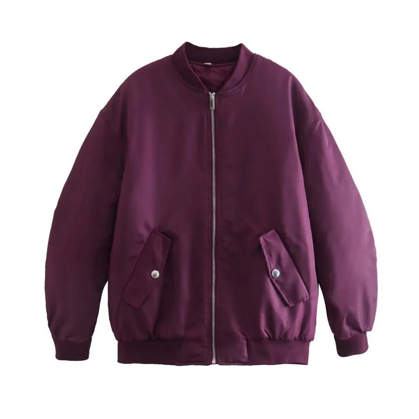 Willshela Women Fashion Oversized Bomber Jackets Coat With Pockets Front Zipper Vintage O-Neck Long Sleeves Female Chic Outwears - Product upscale 
