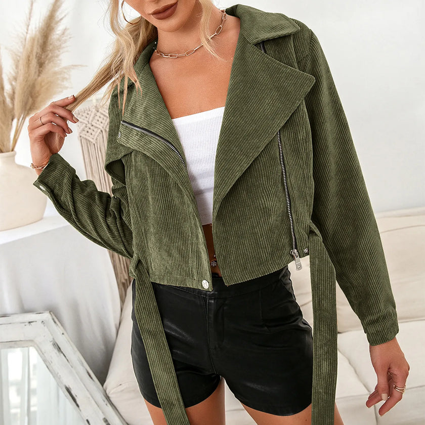 Women's Cropped Jackets Vintage Chic Fashion Loose Casual Lapel Zipped with Pockets Harajuku Solid Corduroy Coat Streetwear