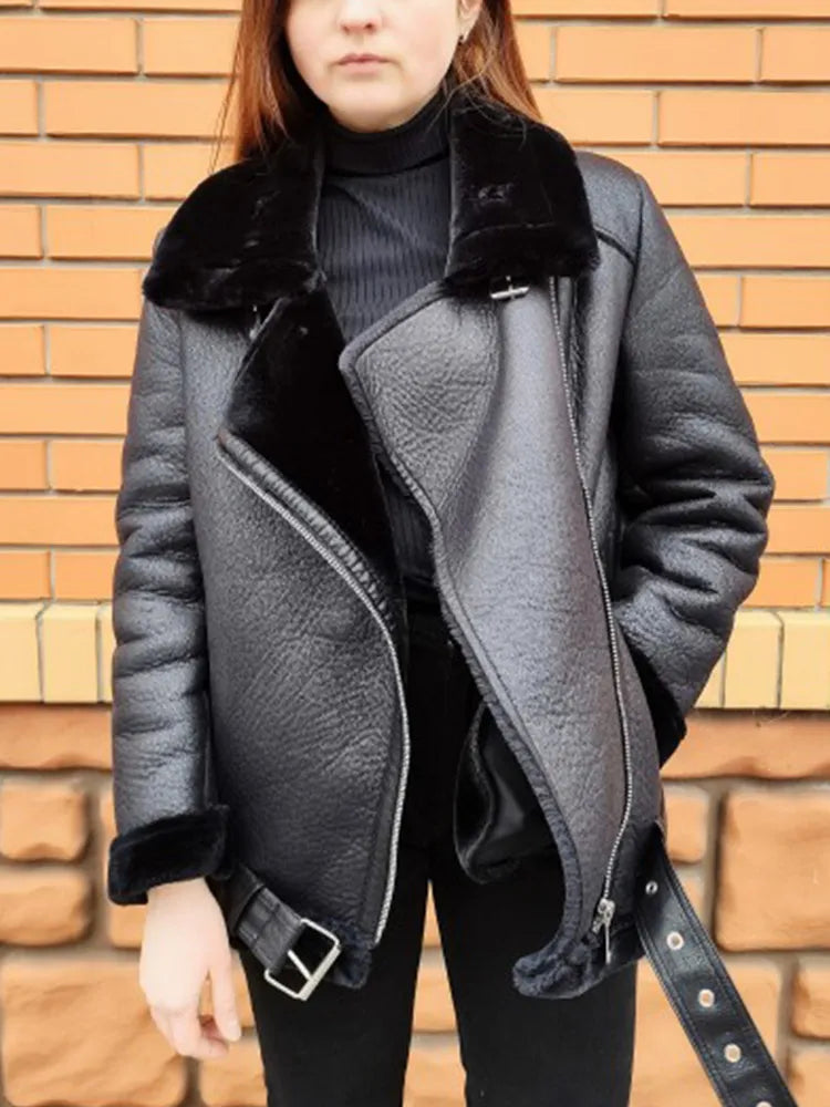 Ailegogo Winter Coats Women Thickness Faux Leather Fur Sheepskin Female Fur Leather Jacket Aviator Outwear Casaco Feminino - Product upscale 