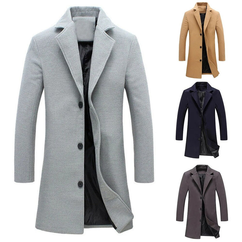 Autumn Winter Fashion Men's Woolen Coats Solid Color Single Breasted Lapel Long Coat Jacket Casual Overcoat Plus Size 5 Colors