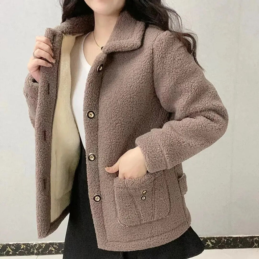 Thicken Warm Faux Lamb Wool Coat 2023 Autumn Winter Loose Long-sleeve Outerwear Solid Women Jacket Parkas Casual Tops - Product upscale 