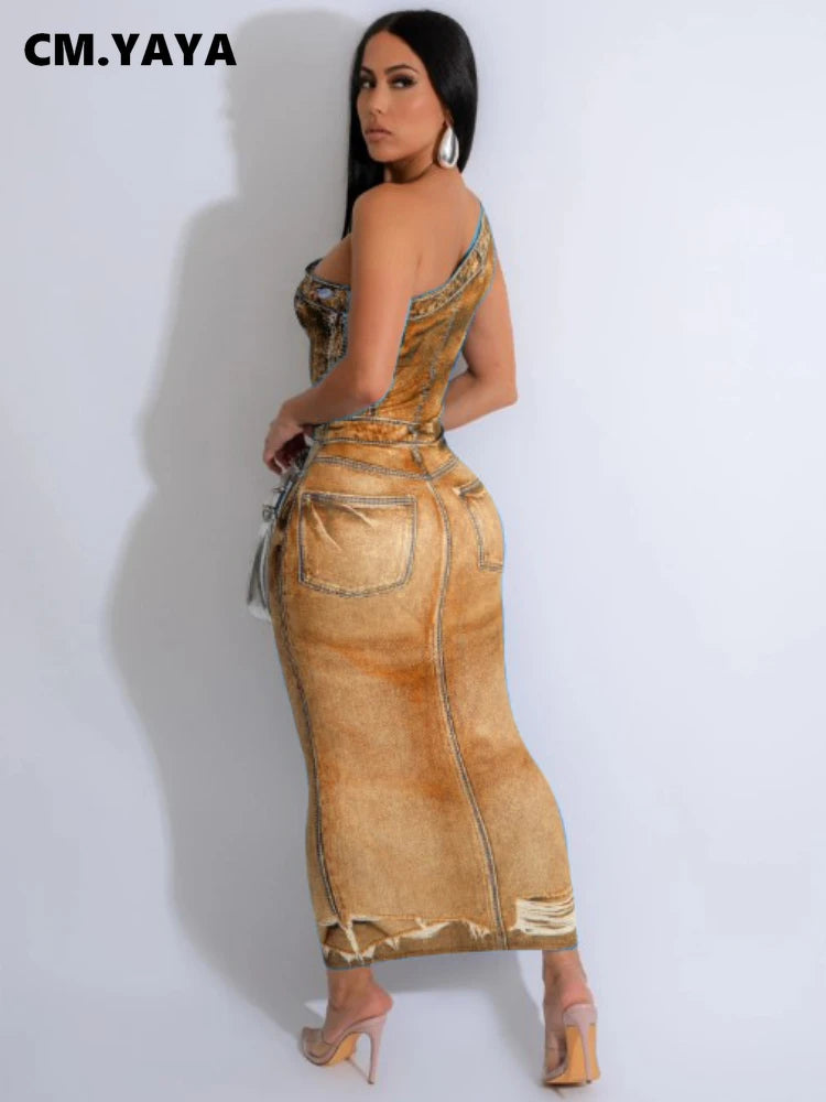 CM.YAYA Women Fake Jean 3D Printed One Shoulder Sleeveless Bodycon Midi Maxi Dress 2024 Club Sexy Party Long Dresses Vestido
