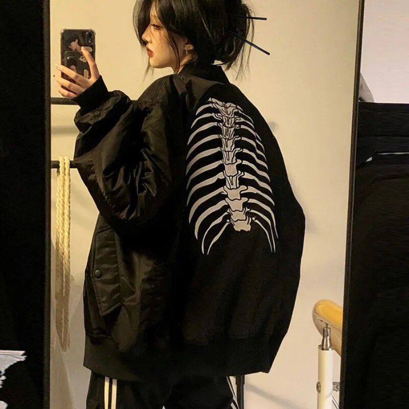 QWEEK Vintage Bomber Jacket Women Black Gothic Harajuku Grunge American Baseball Jacket Couple Autumn Cool Outerwear - Product upscale 