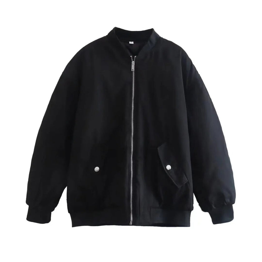 Willshela Women Fashion Oversized Bomber Jackets Coat With Pockets Front Zipper Vintage O-Neck Long Sleeves Female Chic Outwears - Product upscale 