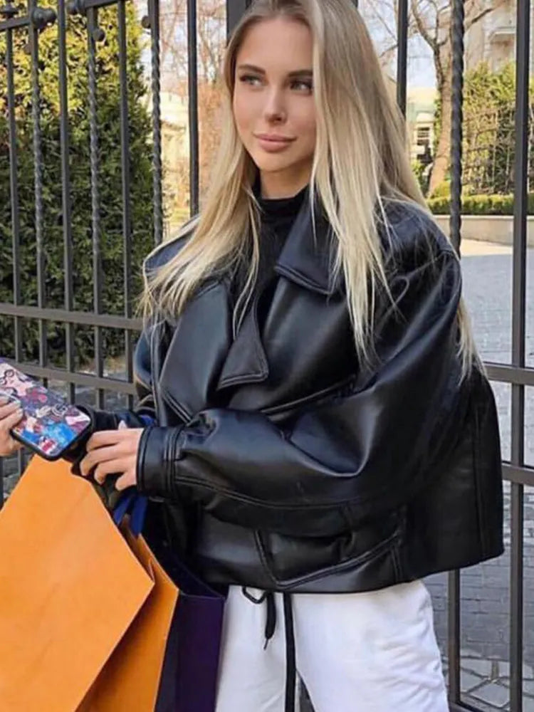 FMFSSOM New Autumn Women Faux Leather Jacket Pu Motorcycle Biker Red Coat Turndown Collar Loose Streetwear Black Punk Outerwear - Product upscale 
