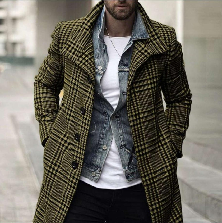 Trendy Brand Fashion Men's Overcoat  Spring and Autumn New European and American Fashion Plaid Lapel Overcoat Mid-Length Coat - Product upscale 