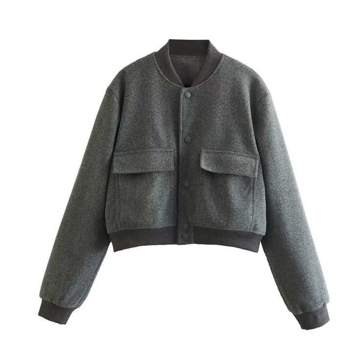 2023 Spring Casual Dark Blue Bomber Jacket Women Fashion Single Breasted Cropped Outerwear Ladies Chic Street Pocket Coat - Product upscale 