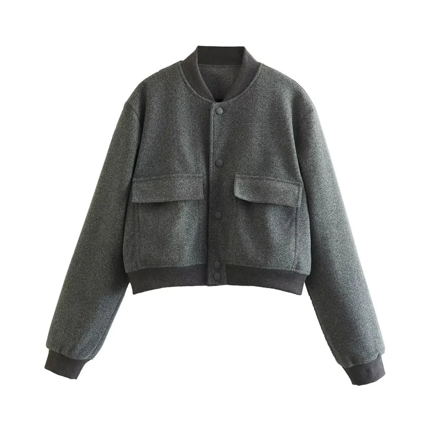 2023 Spring Casual Dark Blue Bomber Jacket Women Fashion Single Breasted Cropped Outerwear Ladies Chic Street Pocket Coat - Product upscale 