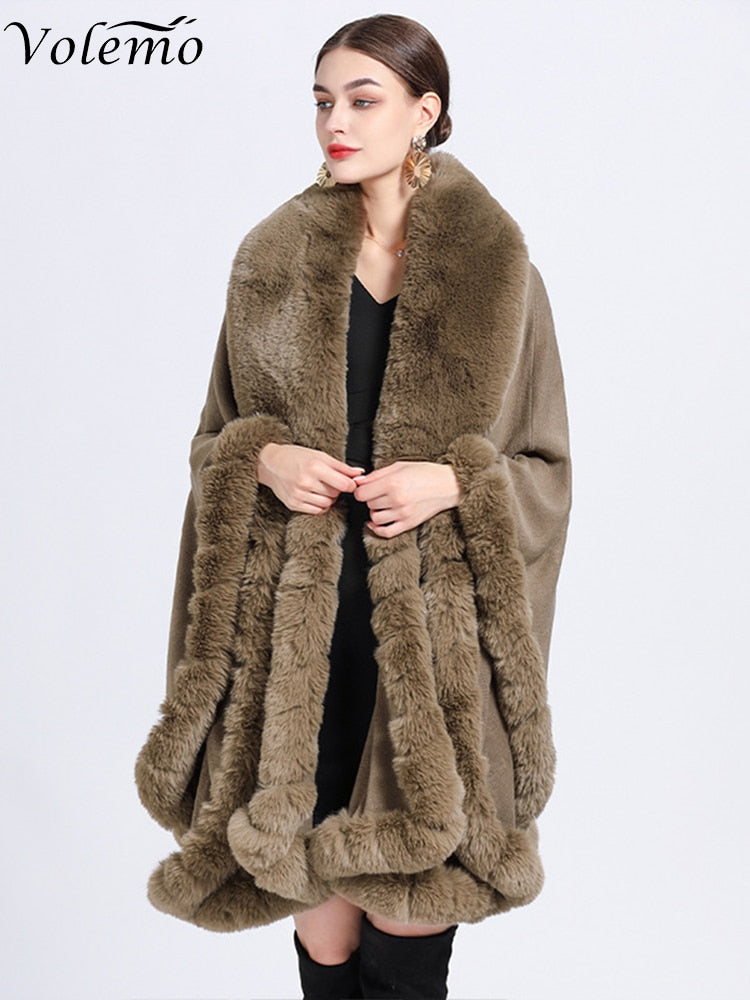 Volemo Winter Elegant V Lapel Faux Rex Rabbit Fur Coat Cape Winter Women Big Long Shawl Full Trim Fur Knit Cloak Overcoat Parka - Product upscale 