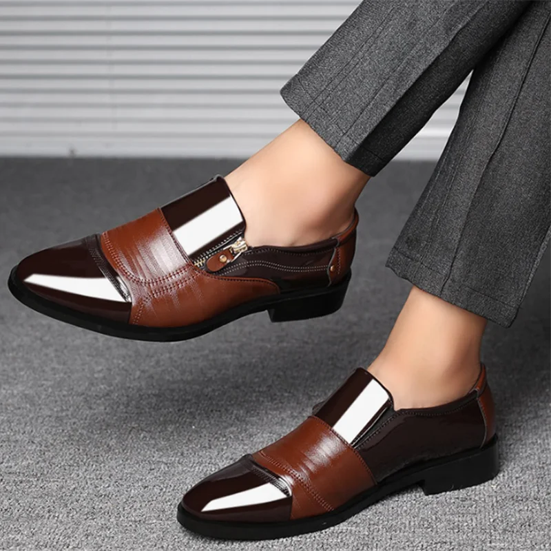 Black Patent PU Leather Shoes Slip on Formal Men Shoes Plus Size Point Toe Wedding Shoes for Male Elegant Business Casual Shoes